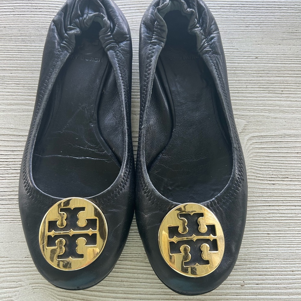 Tory Burch Black and Gold Reva Ballerina Flats with Signature Logo